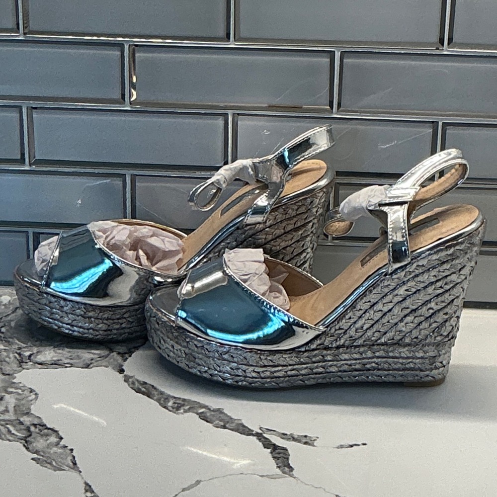 Lina‎ Silver Metallic Espadrille Platform Wedge Sandals 8.5 Open Toe Ankle Strap